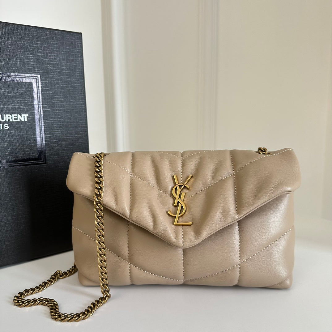 YSL Loulou Puffer Toy Bag In Quilted Lambskin Beige Size 23x15.5x8.5