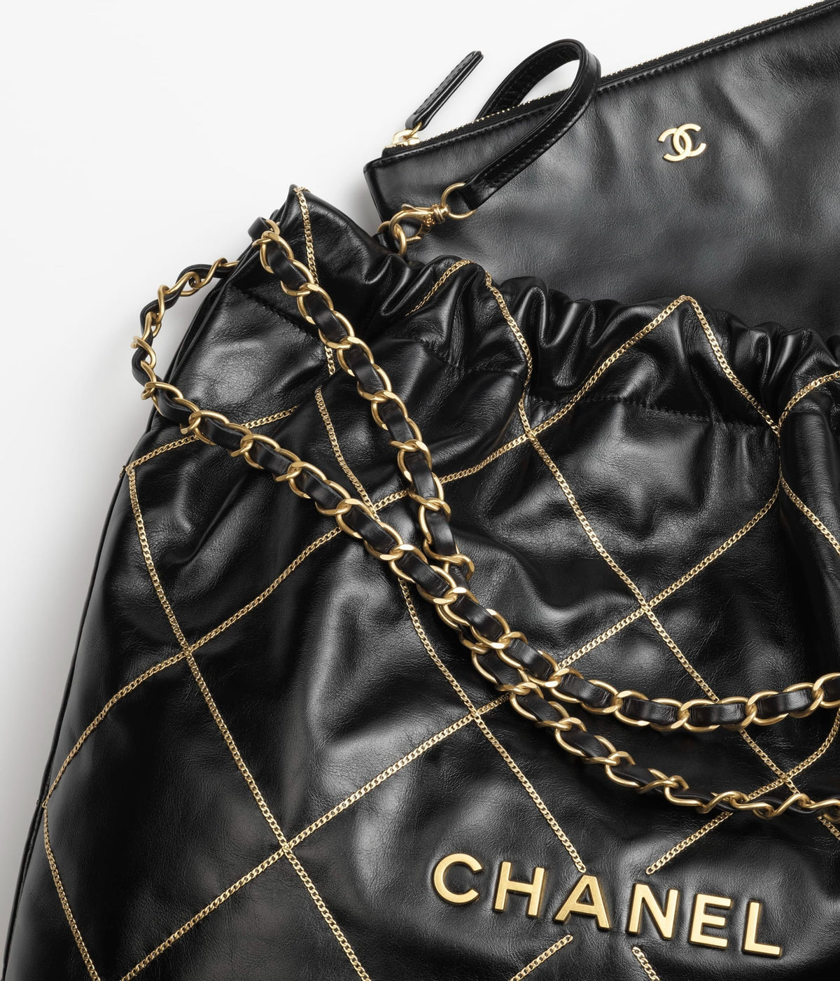 Chanel 22 Handbag 23B Shiny Calfskin Black Chain Quilt 35 x 37 x 7 cm