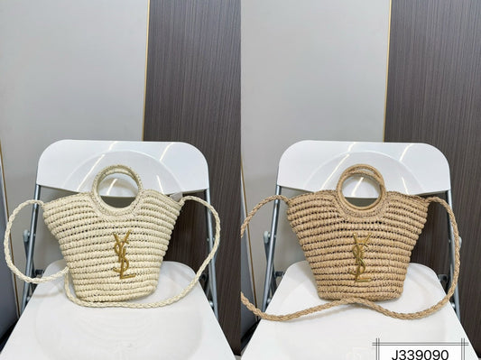 YSL SAINT LAURENT Raffia Woven Tote Bag For Summer Vacation Beach 30x20cm