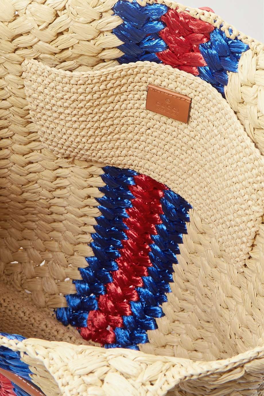 GUCCI Embellished leather-trimmed crocheted raffia tote