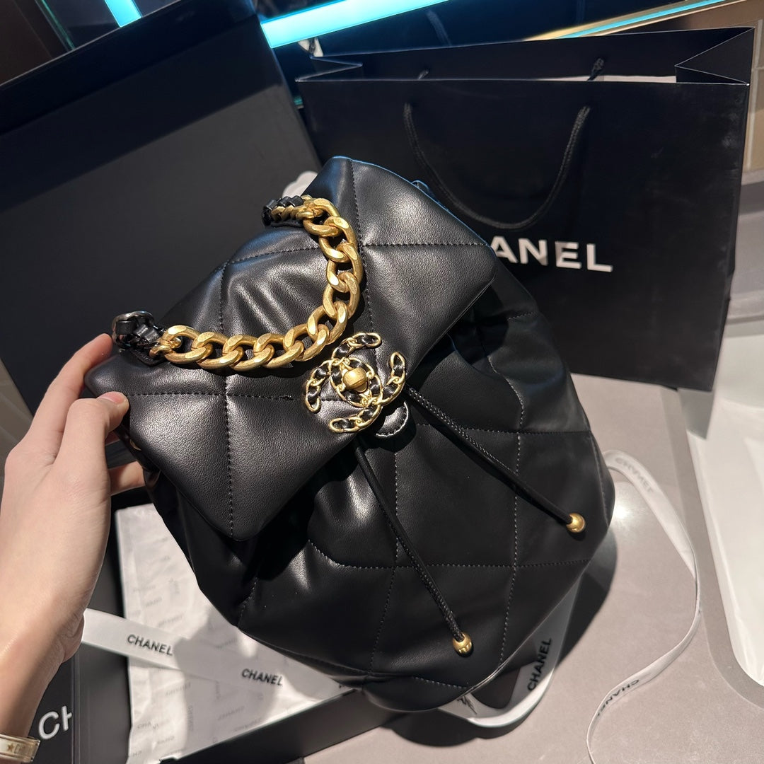 CHANEL 24C Black Lambskin Quilted 19 Flap Backpack Mixed Hardware