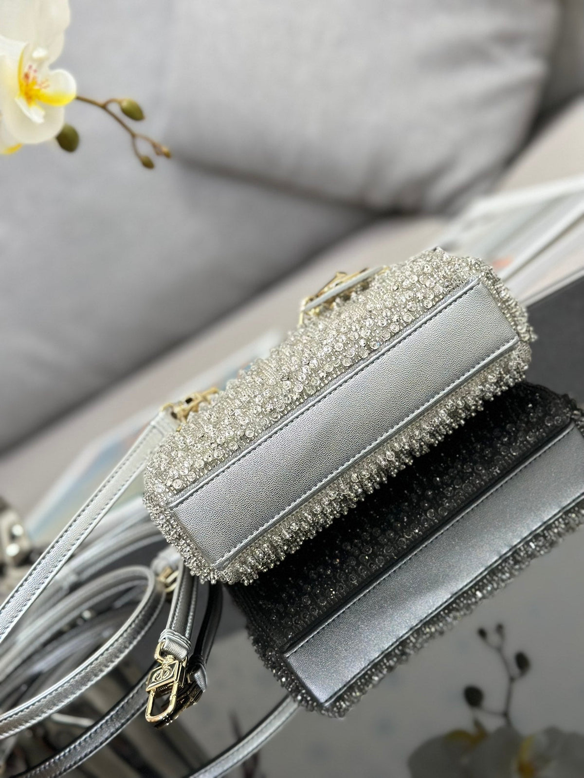 Dior LAdy D-Joy Silver-Tone Satin with Gradient Bead Embroidery - 16 x 9 x 5 cm