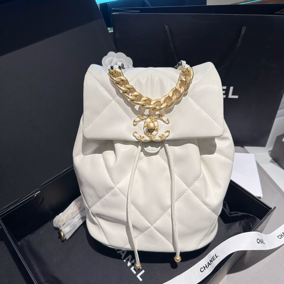 CHANEL Lambskin Quilted Backpack White