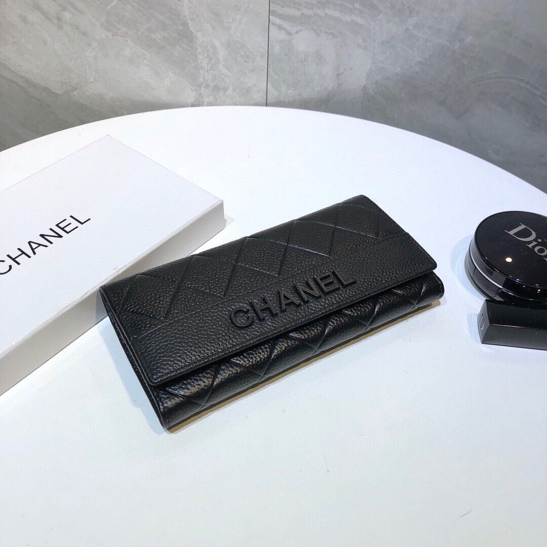 CHANEL Premium Leather Trendy Long Wallet Black 19x10cm