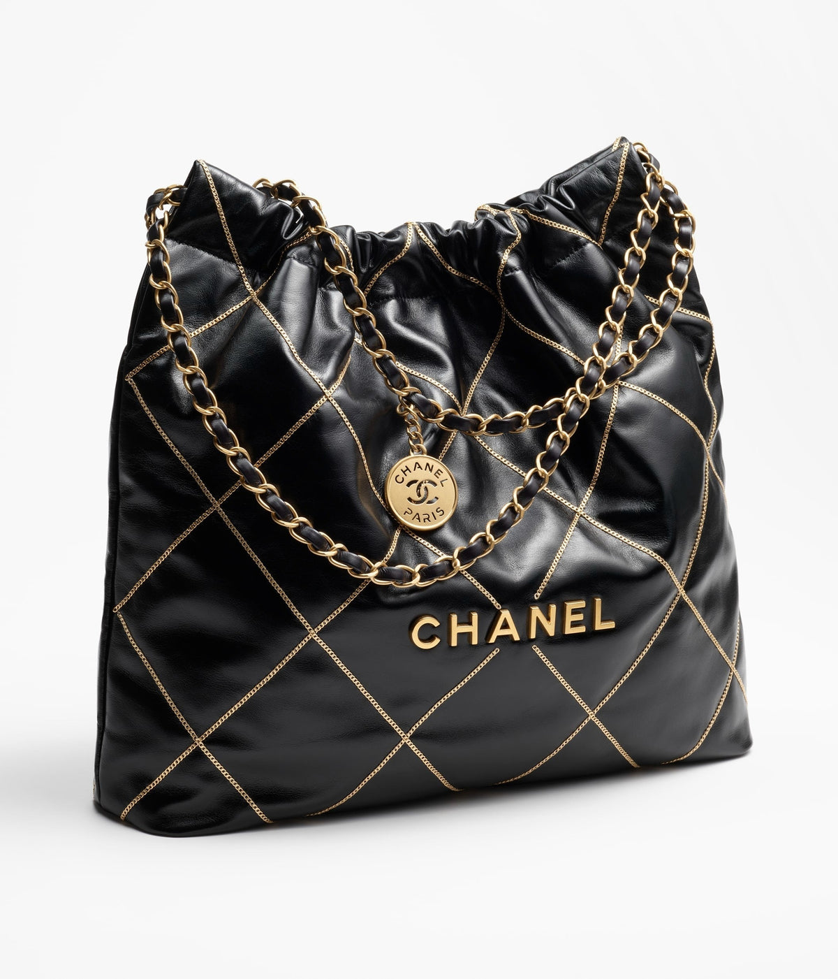 Chanel 22 Handbag 23B Shiny Calfskin Black Chain Quilt 35 x 37 x 7 cm