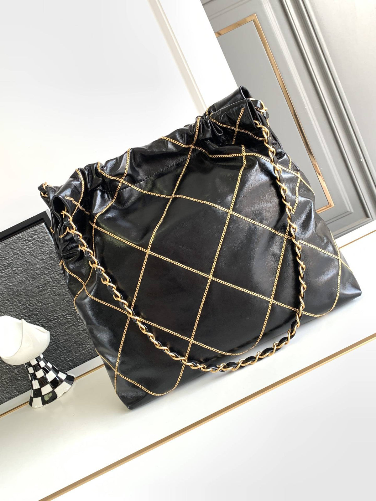 Chanel 22 Handbag 23B Shiny Calfskin Black Chain Quilt 35 x 37 x 7 cm