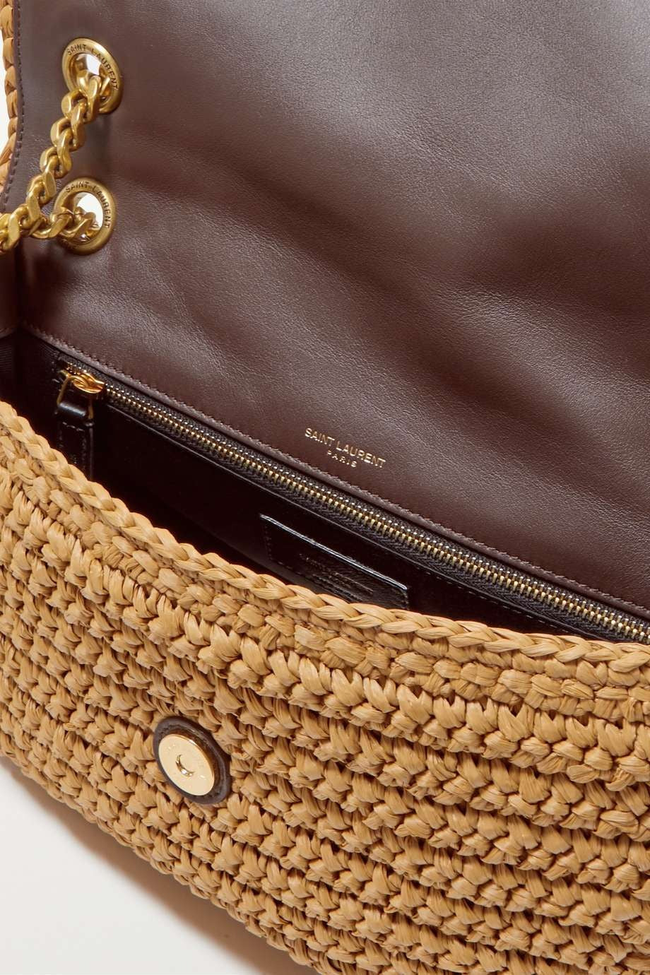 SAINT LAURENT Niki medium leather-trimmed raffia shoulder bag Cream