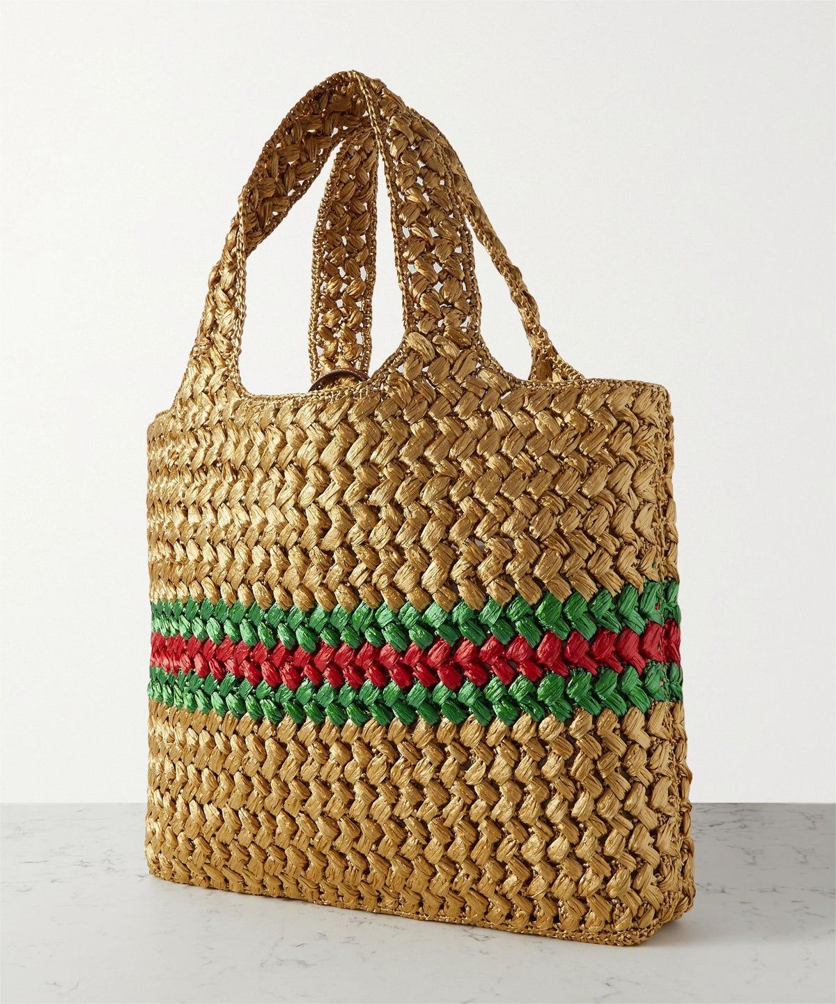 GUCCI Embellished leather-trimmed metallic crocheted raffia tote