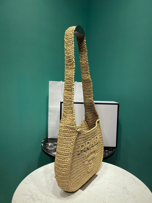 Prada Raffia Round Tote - 30x24x4.5cm