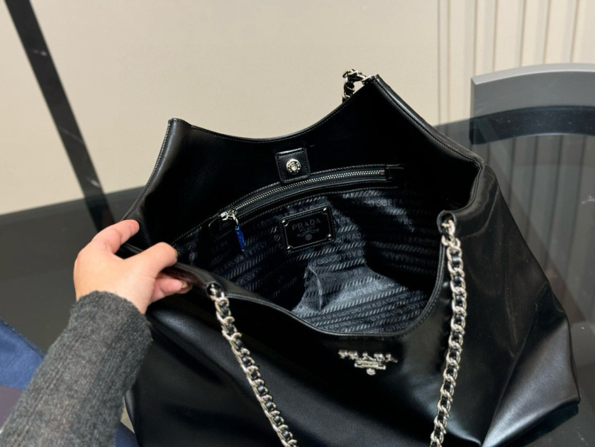 Prada Double Chain Black Shoppping Tote Bag 39x30cm