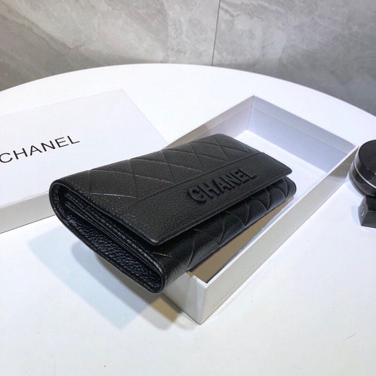 CHANEL Premium Leather Trendy Long Wallet Black 19x10cm