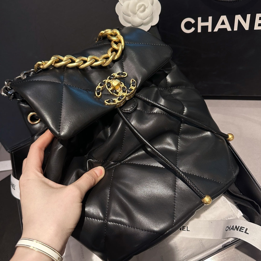CHANEL 24C Black Lambskin Quilted 19 Flap Backpack Mixed Hardware