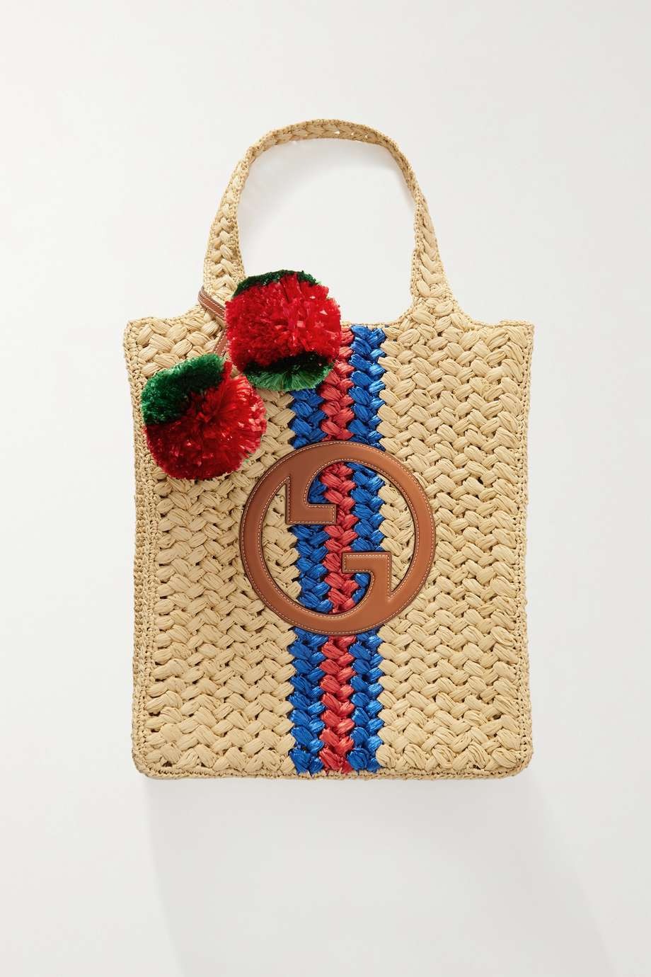 GUCCI Embellished leather-trimmed crocheted raffia tote