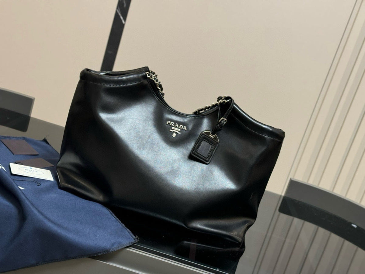 Prada Double Chain Black Shoppping Tote Bag 39x30cm