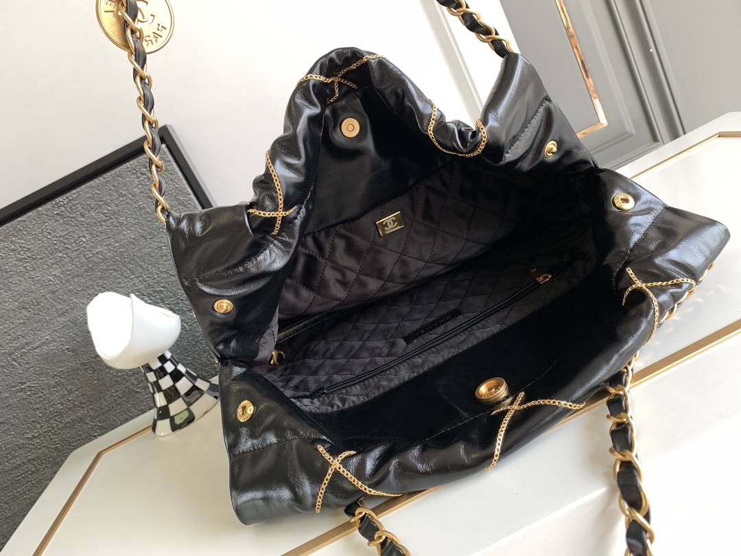 Chanel 22 Handbag 23B Shiny Calfskin Black Chain Quilt 35  x 37 x 7 cm