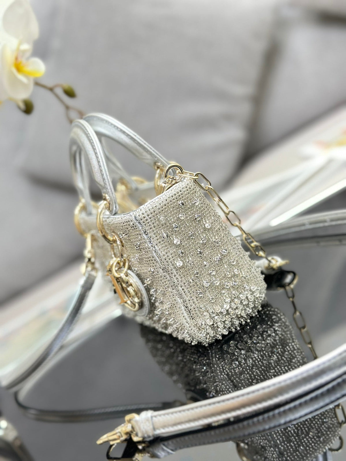 Dior LAdy D-Joy Silver-Tone Satin with Gradient Bead Embroidery - 16 x 9 x 5 cm
