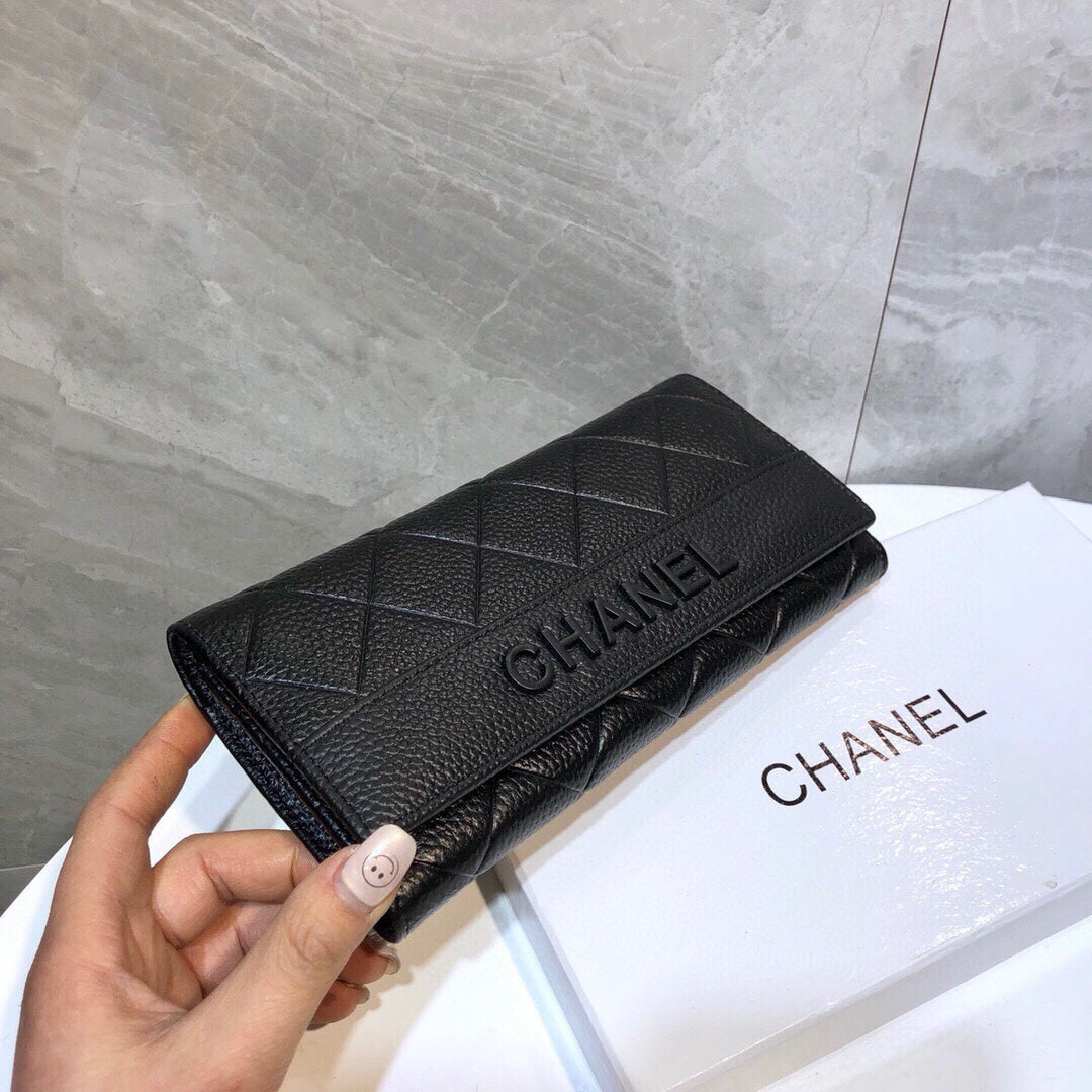 CHANEL Premium Leather Trendy Long Wallet Black 19x10cm