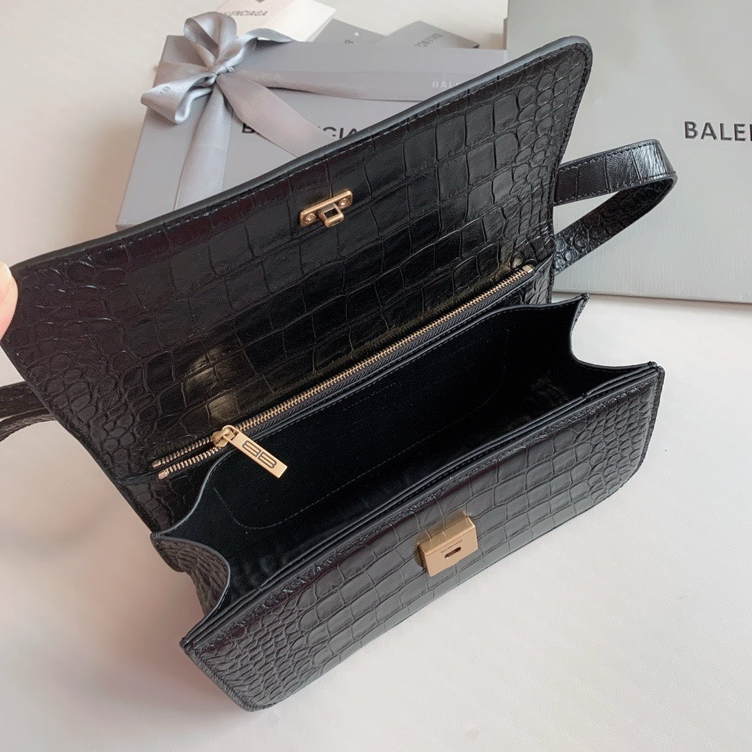 Balenciaga Gossip Small Bag Crocodile Embossed in Black Gold Hardware  23 x 12.4 x 10.4cm