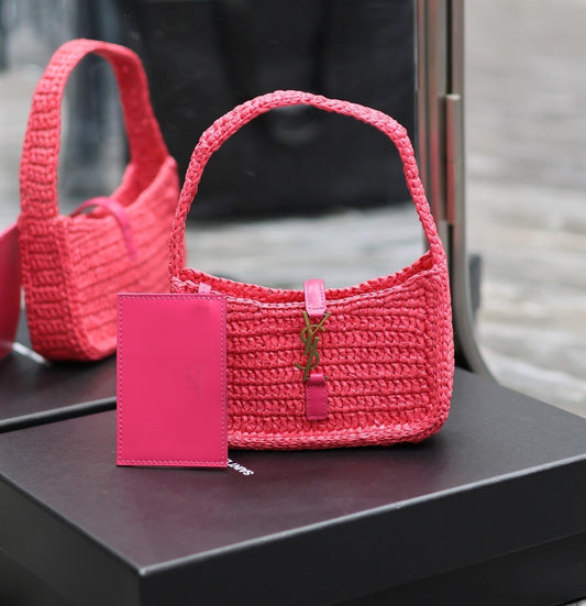 YSL Le 5 À 7 Mini In Raffia Pink - 19 X 11.5 X 4.5 CM