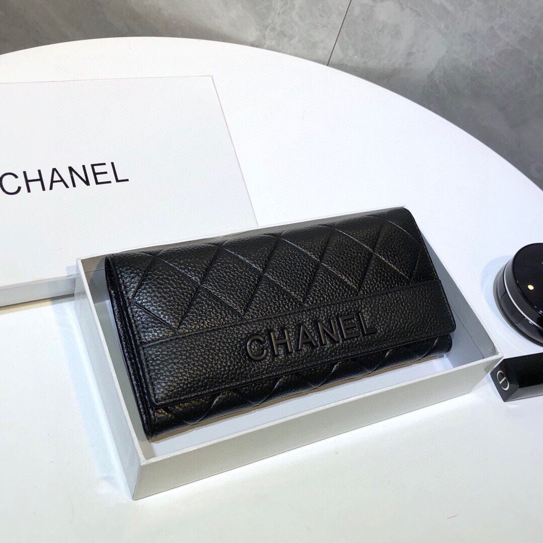 CHANEL Premium Leather Trendy Long Wallet Black 19x10cm