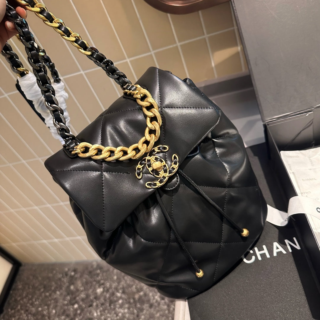 CHANEL 24C Black Lambskin Quilted 19 Flap Backpack Mixed Hardware