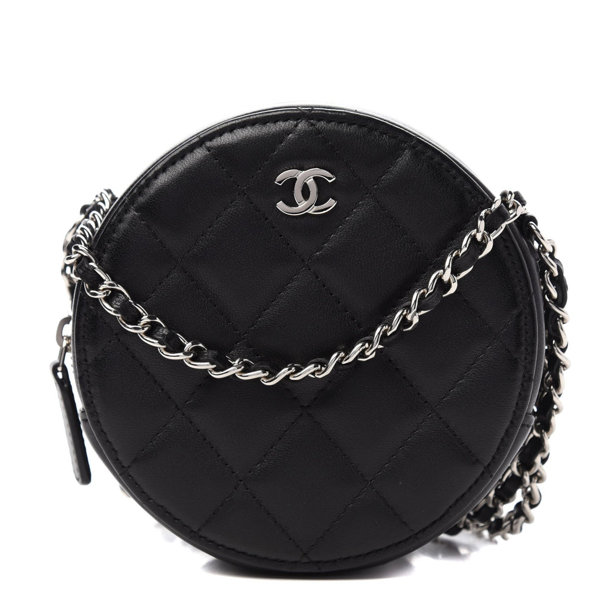 CHANEL Lambskin Quilted Round Clutch With Chain Black