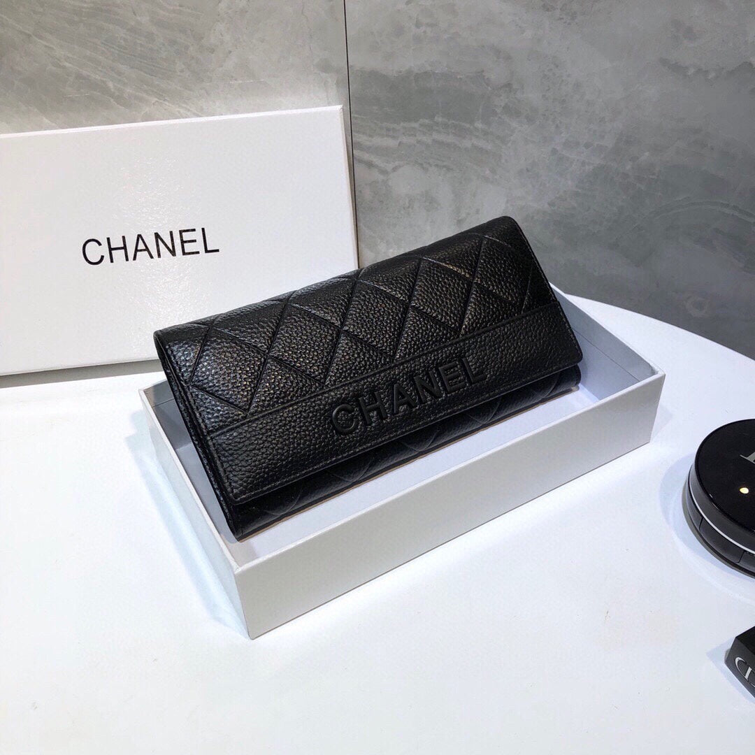 CHANEL Premium Leather Trendy Long Wallet Black 19x10cm